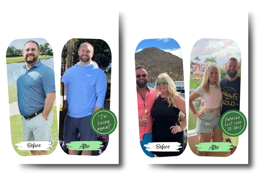 Side-by-side comparison of man and woman's before-and-after weight loss results from WellConsulted in Brookfield, WI