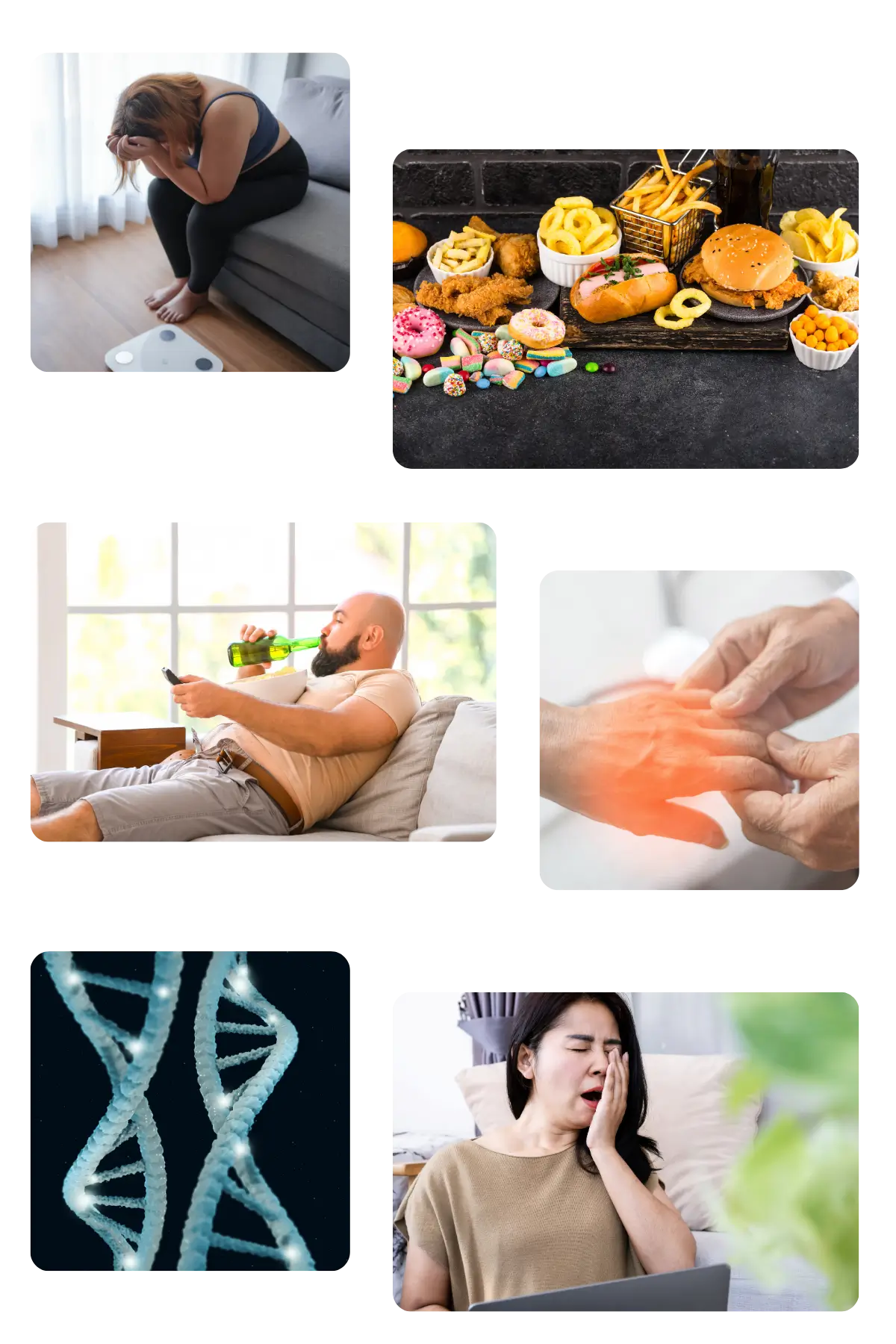 Collage of 6 images showing various risk factors of Type 2 diabetes