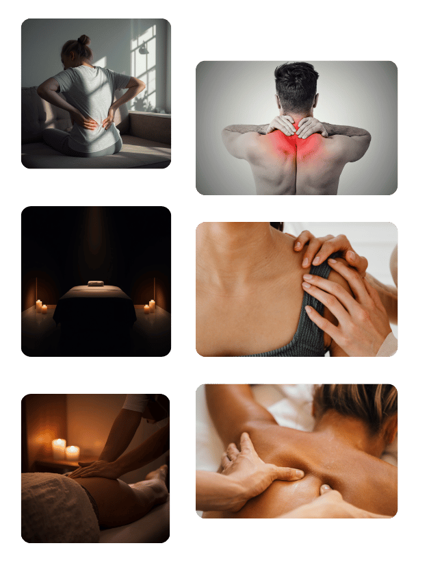 Collage of six images showing back or neck pain combined with massage therapy settings and techniques
